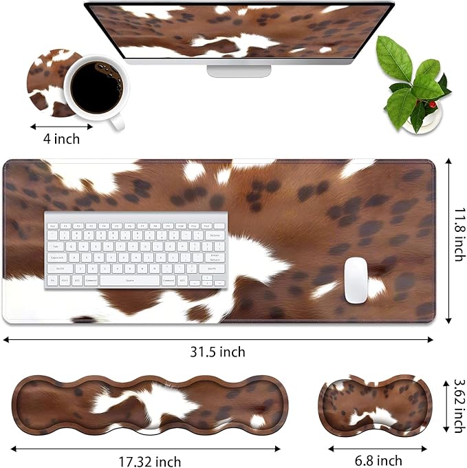 4 in 1 Ergonomic Memory Foam Mouse Pad Wrist Rest Set Large XXL Gaming Desk Pad + Keyboard Wrist Rest + Mouse Wrist Cushion + Coaster for Home Office Study Gaming Brown Cow Print