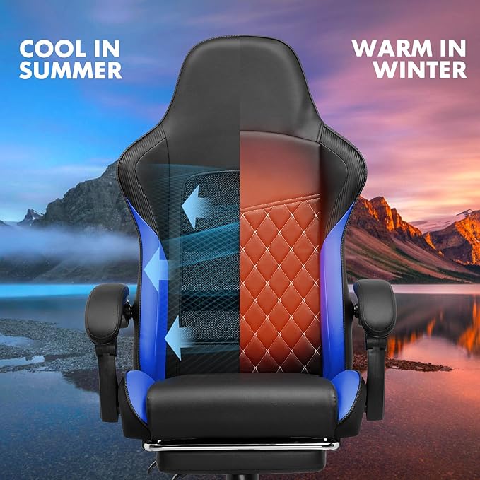 GTPLAYER Gaming Chair High Back Leather Computer Gaming Chair with Footrest Ergonomic Height Adjustable Office Chair with Removable Cover and Lumbar Support for Gaming and Work (Blue)