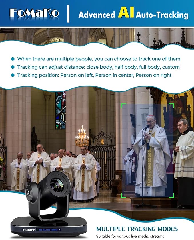 FoMaKo PTZ Camera HDMI 1080P60 AI Auto-Tracking PTZ Camera 20X Optical Zoom USB3.0 Type-C 3G-SDIfor Church Worship Education Conference Events NDI UpgradeableK20Black Color