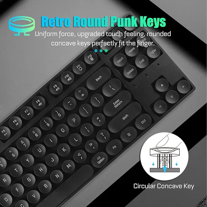 87 Keys Typewriter Mechanical Gaming Keyboard Colorful Backlit Retro Punk Round Keycaps Keyboard Anti Ghosting Hot Swap USB Wired Keyboards for Gamers Typists (Black)