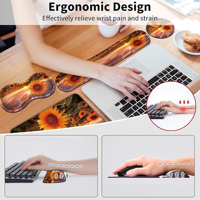 Keyboard Wrist Rest + Mouse Pad + Mouse Wrist Rest Support + Coaster Set Ergonomic Memory Foam Mouse and Keyboard Pad Set for Laptop Computer Office Home Working GamingSunflower
