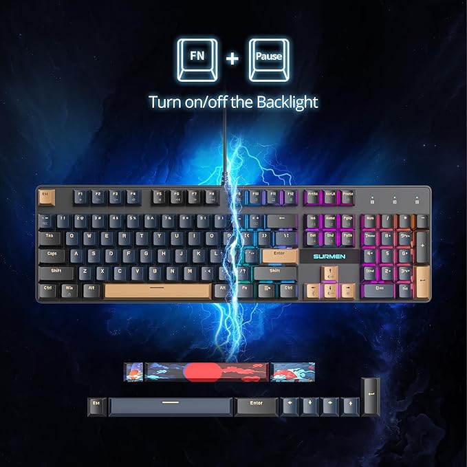 surmen Full Size Creamy Keyboard with Number Pad 104 Keys RGB Wired Mechanical Gaming Keyboard Backlit with PBT Keycaps Linear Red Switch for Laptop Desktop PC Gamers（104 Blue Samurai）