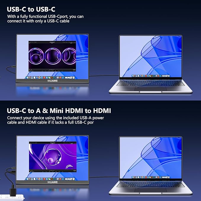 WUAWE Portable Monitor 16 1920x1200P 16:10 IPS Travel Monitor for Laptop with Built-in Stand 100% sRGB Control USB-C HDMIHDR Freesync Display Plug&ampPlay for Phone PS5 Switch(Black)