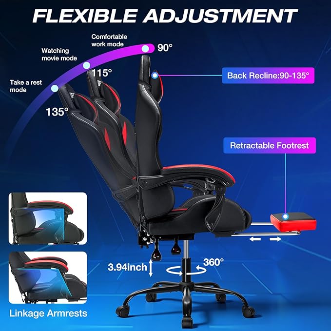 RGB Gaming Chair with Massage and LED Lights Ergonomic Computer Chair with Footrest High Back Video Game Chair with Adjustable Lumbar Support Linkage Armrest Red and Black