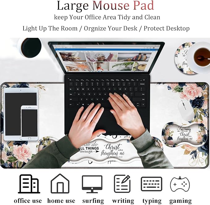 4 in 1 Mouse Pad Combo Large Gaming Mouse Pad + Keyboard Wrist Support + Mouse Wrist Rest + Coaster Table Pad with Stitched Edge Memory Foam Ergonomic Wrist Pad Set Bible Phil 4-13 Floral