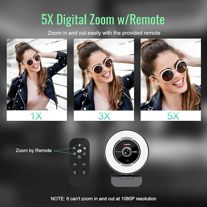 Angetube Streaming Webcam with Microphone: 1080P 60FPS USB Web Cam with Ring Light and Remote Control - HD Web Camera with 5X Digital Zoom Built in Privacy Coverfor PC|Computer|Laptop|Mac|Desktop