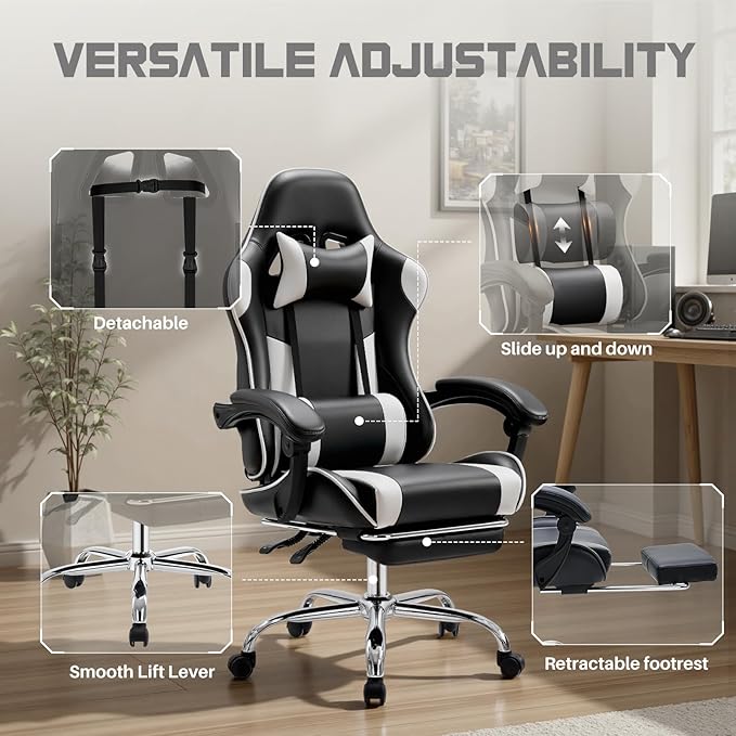 DUMOS Ergonomic Gaming Office Desk Chair with Footrest Height Adjustable 360° Swivel Computer Video Game Chair with Headrest and Lumbar Support Black White