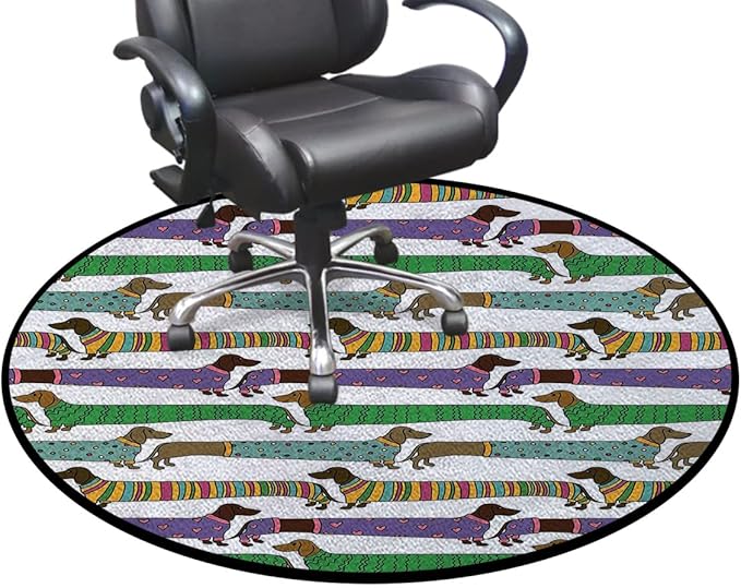 Multicolor Office Chair Mat for Hardwood Floors Desk Carpet Cartoon Style Dachshunds Polka Dots and Hearts Anti-Slip Multi-Purpose Low Pile Computer Chair Mat Dog Lover Diameter 36 in