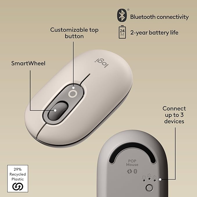 Logitech POP Mouse Wireless Mouse with Customizable Emojis SilentTouch Technology Precision/Speed Scroll Compact Design Bluetooth Multi-Device OS Compatible - Mist