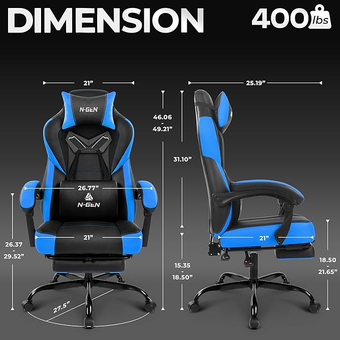 N-GEN GAMING Video Gaming Chair Big and Tall Office Computer Desk Chairs with Ergonomic Lumbar Support High Back Recliner and Footrest for Adults (Blue)