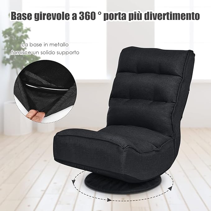 Rainfally 360-Degree Swivel Floor Sofa Chair Folding Gaming Chair w/ 5-Position Adjustable Backrest &amp Comfortable Sponge Padded Lazy Sofa Lounge Chair for Reading TV Watching or Gaming (Black)