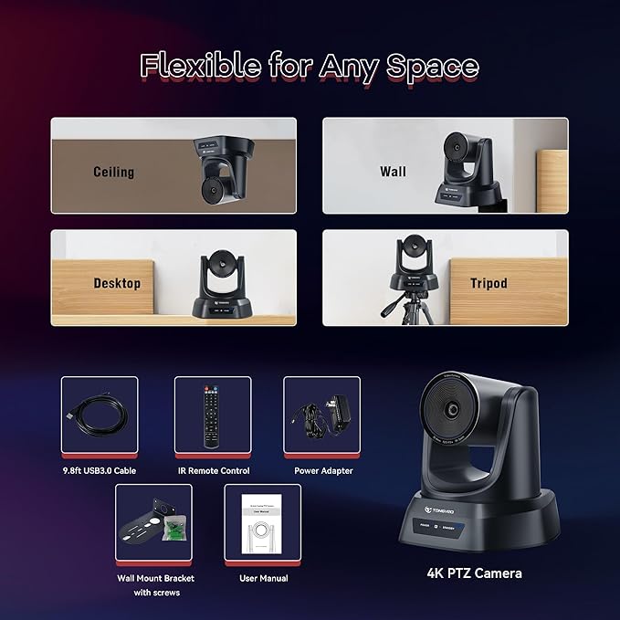 TONGVEO 4K Conference Room PTZ Camera AI Auto Tracking 3X Optical Zoom HDMI/USB3.0 Wide-Angle Video Conference Camera for Church Worship Live Streaming Meeting with Zoom YouTube OBS and More