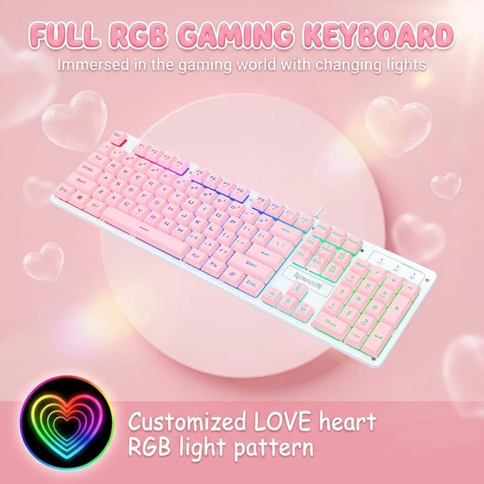 Redragon Updated S107WP Gaming Keyboard and Mouse RGB Gaming Keyboard and 10000 DPI Mouse Combo with 25-Key Anti-Ghosting 1K Hz Programmable Mice with Software Plug &amp Play to PC Laptop - Pink