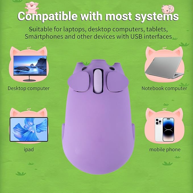 elec Space Cute Pig Design Wireless Mouse Dual Mode Bluetooth &amp USB Mouse Silent Operation Ergonomic Perfect for Laptops &amp PCs Ideal Gift for Animal Lovers and Family(Purple)