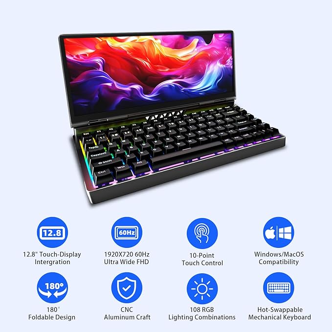 12.8 Portable Monitor Touchscreen with Mechanical Keyboard Stretched Bar Screen Extender RGB Backlit Hot-Swap USB-A Type-C Monitor for Laptop Desktop Mini PC MacBook (Driver Need)