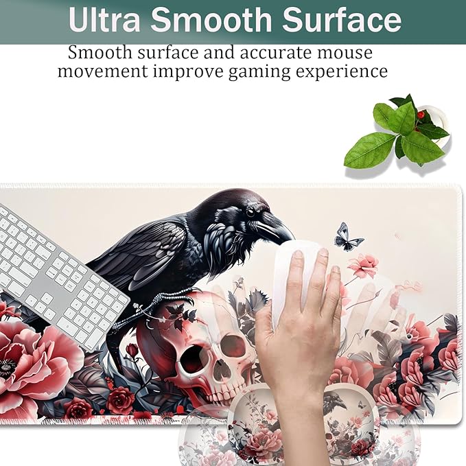 Large Game Mouse Pad + Wrist Support Pad + Coffee Coaster Desk Pad with Sewn Edges Anti-Slip Set pad Suitable for Office Work and Home - Rose Skull