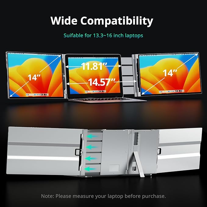 AYY Laptop Screen Extender 14 FHD 1200P Portable Triple Monitor for 13-17 Laptops Aluminum Alloy Stand Compatible with MacOS/Windows/Chrome