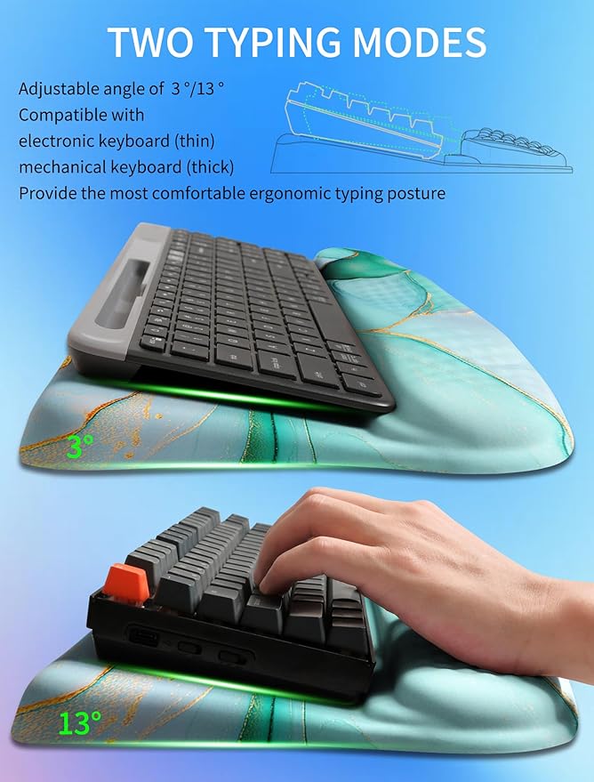 Ergonomic Wave Wrist Rest with Keyboard Stand Cushioned Palm Rest Comfortable Integrated Memory Foam for Natural Typing and Relieve Wrist Pain Green Gold Marble