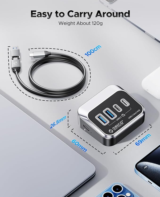 ORICO USB Hub 10Gbps with 2 USB A Ports+2 USB C Ports USB 3.2 Gen 2 Hub with 3.28Ft USB-C-A/C Cable USB Splitter for iMac MacBooks Mac mini