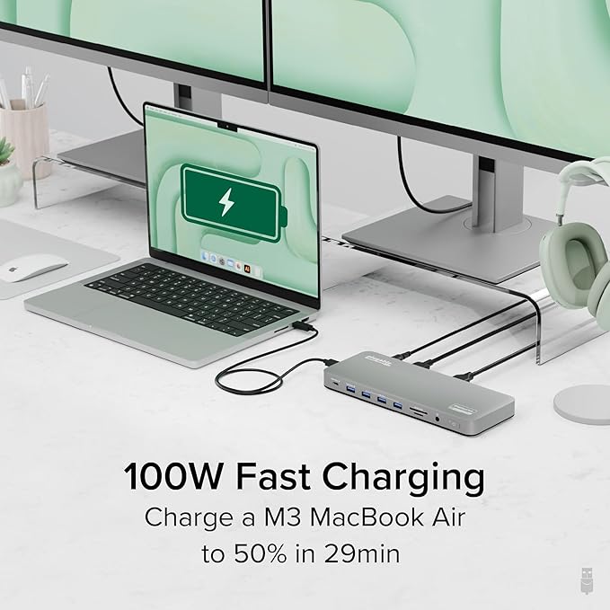 Plugable USB C Laptop Docking Station Dual Monitor 4K 60Hz for Apple Mac M1/M2/M3/M4/M5/Neo 2X HDMI or DisplayPort for MacBook 100W Charging DisplayLink Dock Driver Install Required (UD-6950PDH)