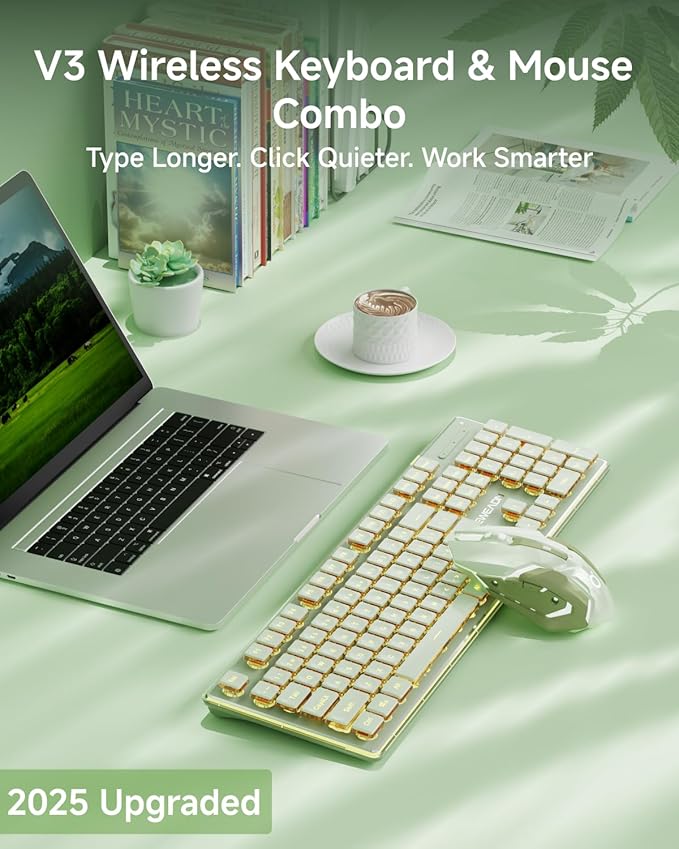 V3 Wireless Keyboard and Mouse with Single Backlit Metal Panel Bluetooth/2.4G Rechargeable Silent Keyboard and Mouse Combo Light up Full Size Cute Keyboards-Green