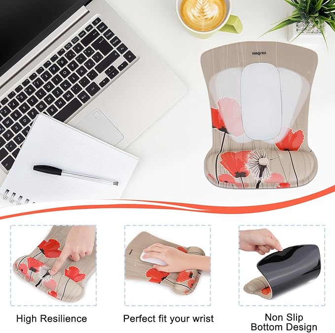 MEGREZ 4-in-1 Ergonomic Memory Foam Wrist Rest Set Desk Pad Mouse Pad with Wrist Rest Keyboard Pad Suitable for Office Workers Programmers &amp Gamers–Relieve Typing &amp Gaming Fatigue Light