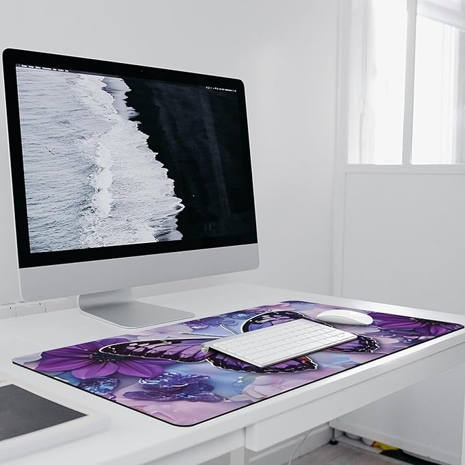 Purple Butterfly Floral Mouse Pad Large Desk Mat Extended Keyboard Mouse Pad with Non-Slip Base and Stitched Edge Mouse Mat Desk Pad 36x16 Mouse Pads for Desk Home Office Gaming