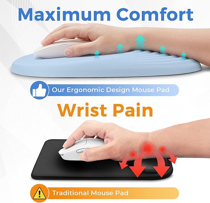 Ergonomic Mouse Pad with Wrist Support Memory Foam Wrist Rest for Pain Relief &amp Carpal Tunnel Non-Slip Base for Office Computer PC Laptop (12x8x1.2inch Light Blue)