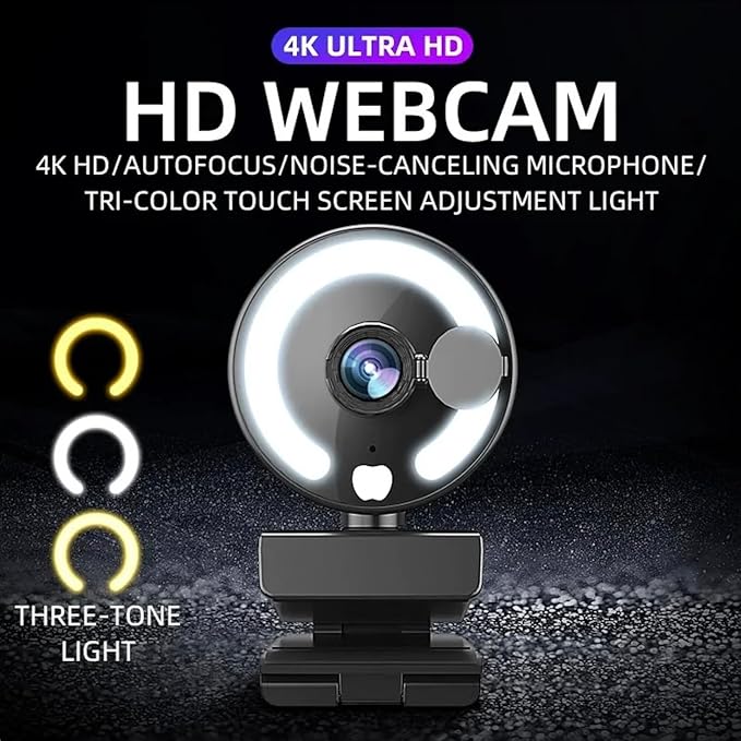 4K Hd Webcam with Light Web cam with Microphone Noise Reduction Wide-Angle Lens Auto Light Adjustment Plug-and-Play USB Webcam for Laptops Desktops Pcs Macs Zoom Skype