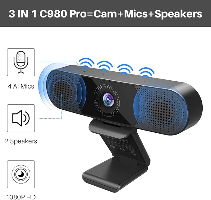 EMEET 3 in 1 Webcam - 1080P Webcam with Microphone and Speakers 2K UHD