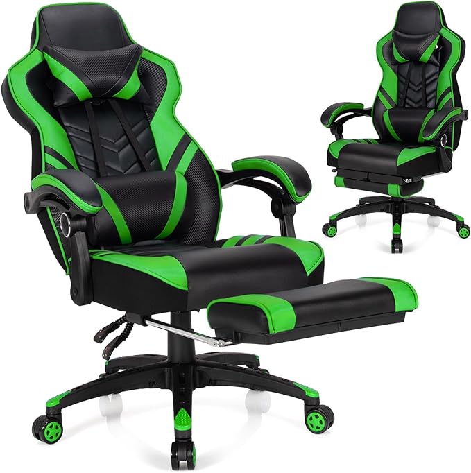 Goplus Gaming Chair Computer Chair with Footrest and Lumbar Support Height Adjustable Executive Swivel Rolling Task Chair with 90°-155° Tilt Function (Green)