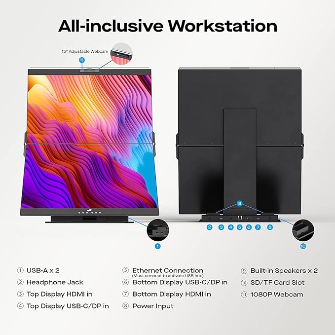 Mobile Pixels Geminos Dual 24 Stacked Computer Monitors with 100W USB-C Charging 1080P Webcam&ampSpeakers All-Inclusive Vertical Desktop Monitor HDMI/USB-A/USB-C2 Monitors