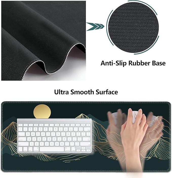 AIMSA Keyboard &amp Mouse Pad Set Extended Desk Mat + Ergonomic Mouse &amp Keyboard Wrist Rest Support 35x15.7in Abstract Gold Sun Mountain