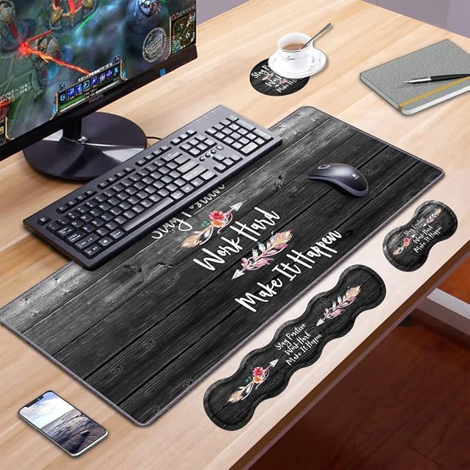 Ergonomic Keyboard Wrist Rest &amp Mouse Pad Wrist Rest Set Stay Positive Work Hard and Make It Happen Pattern Inspirational Quote Large XXL Gaming Desk Mat Memory Foam Easy Typing Pain Relief