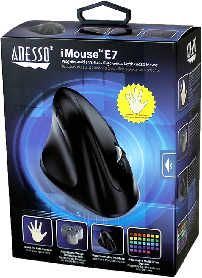 Adesso Imouse E7 - Ergonomic Mouse for Left Hand with Cable Programmable Functions and Adjustable Weight Black