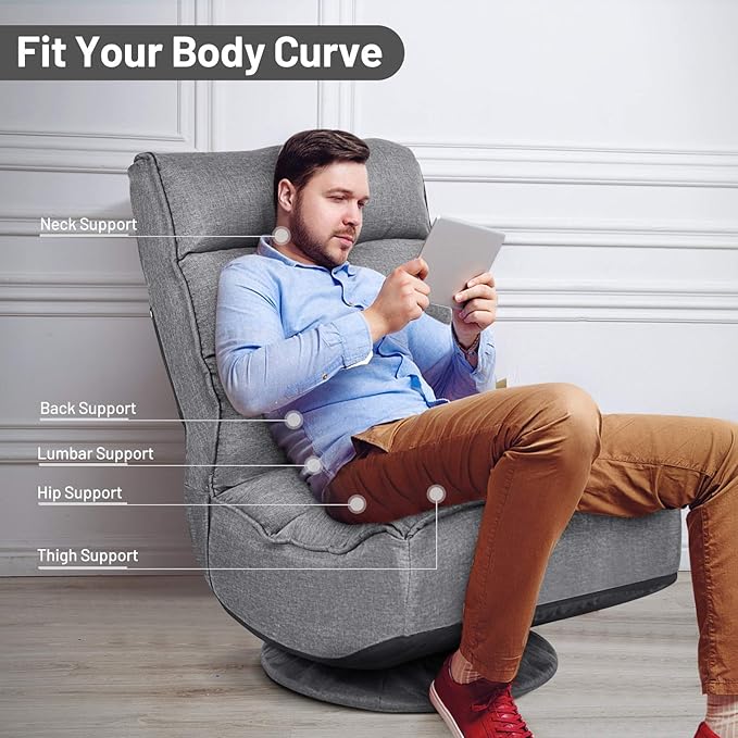 Rainfally 360-Degree Swivel Floor Sofa Chair Folding Gaming Chair w/ 5-Position Adjustable Backrest &amp Comfortable Sponge Padded Lazy Sofa Lounge Chair for Reading TV Watching or Gaming (Gray)