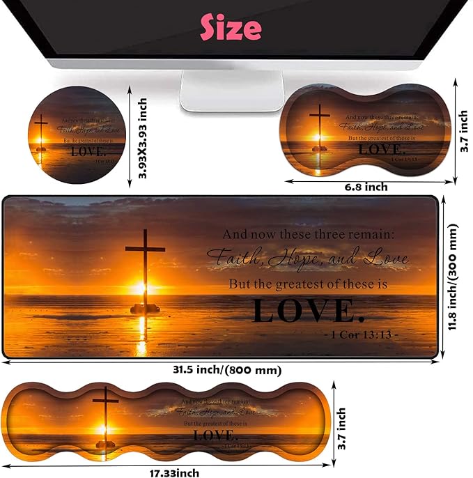 Large Gaming Mouse Pad Keyboard Wrist Rest + Mouse Wrist Pad + Coaster Combination Set Memory Sponge Non-Slip Base. Suitable for Office and Home Christian Cross