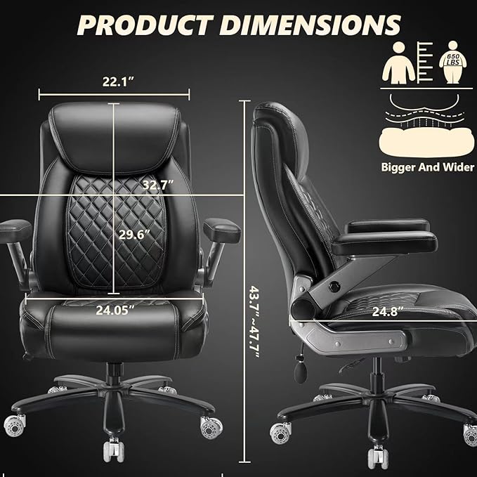 700LBS Large Heavy Duty Office Chair with 5D Flip Arms Comfy Big and Tall Executive Office Desk Chair with Pocket Spring Cushion High Back Computer Chair with Lumbar SupportDual Rubber Wheel