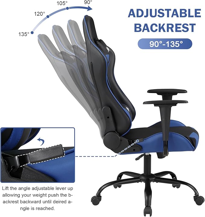 BLKMTY Gaming Chair Office Chairs High Back Computer Leather Desk Chair Racing Executive Ergonomic Adjustable Swivel Task Chairs with Headrest and Lumbar Support Blue
