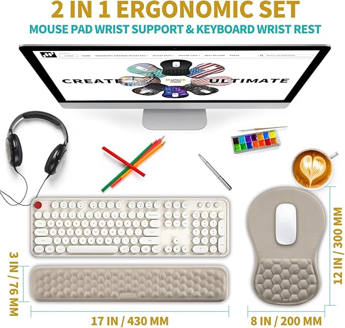 Hokafenle 2 in 1 Ergonomic Mouse Pad Wrist Support &amp Wrist Rest for Computer Keyboard Set with Relieve Carpal Tunnel Pain Massage Bulge and Full Memory Gel Design (2In1 Set - Apricot)