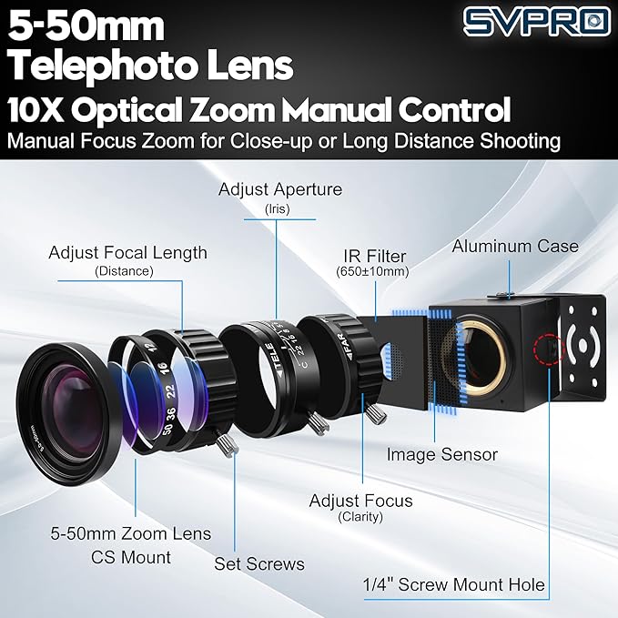 SVPRO 12MP USB Camera with 5-50mm Telephoto Lens 10X Optical Zoom Manual Webcam 1080P 120fps High Speed UVC Macro Camera for PC/Mac/Linux/Android (12MP Industrial-Grade Professional Variable Lens)