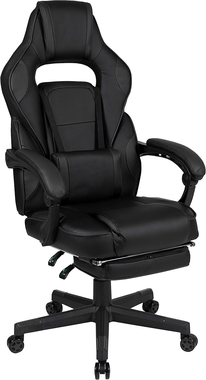 EMMA + OLIVER Black Ergonomic Gaming Chair -Recline Back/Arms Footrest Massaging Lumbar