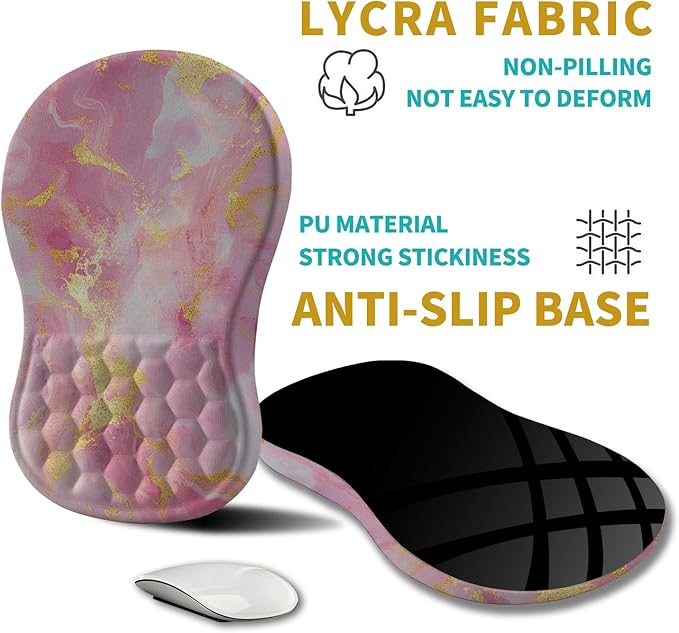 Hokafenle Ergonomic Mouse Pad Wrist Support Wrist Rest Mousepad for Carpal Tunnel Pain Relief with Integrated Memory Foam Slope Massage Bulge (11.8x7.9 inchPink Gold Marble
