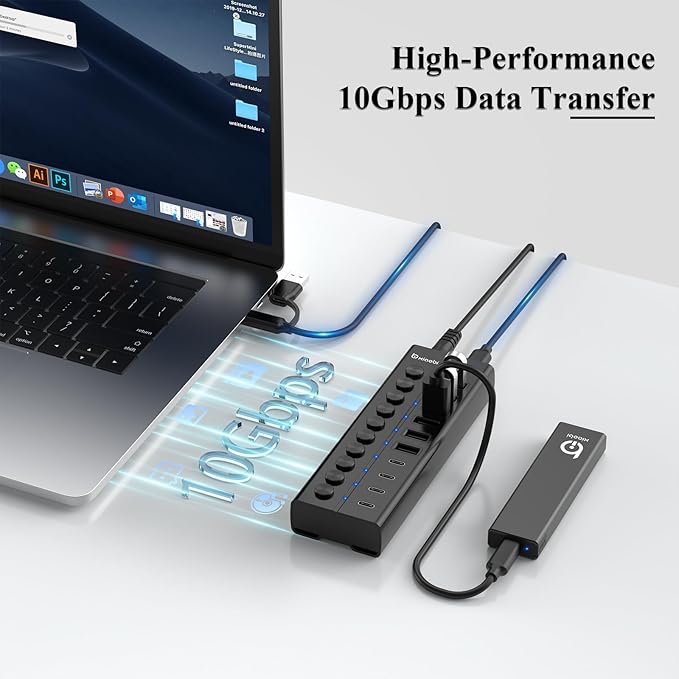 Powered USB Hub 10-Port USB C Hub with 6 USB-A 3.2 4 USB-C 3.2 Ports Individual Switches and 12V/5A Power Adapter Aluminum USB Extension for MacBook Laptop/PC and More(Black)