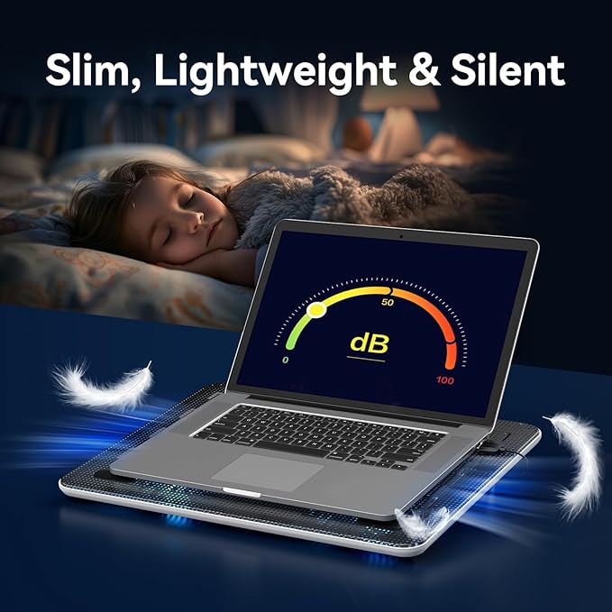TECKNET Laptop Cooling Pad Portable Slim Quiet USB Powered Laptop Notebook Cooler Cooling Pad Stand Chill Mat with 3 Blue LED Fans Fits 12-17 Inches (White)