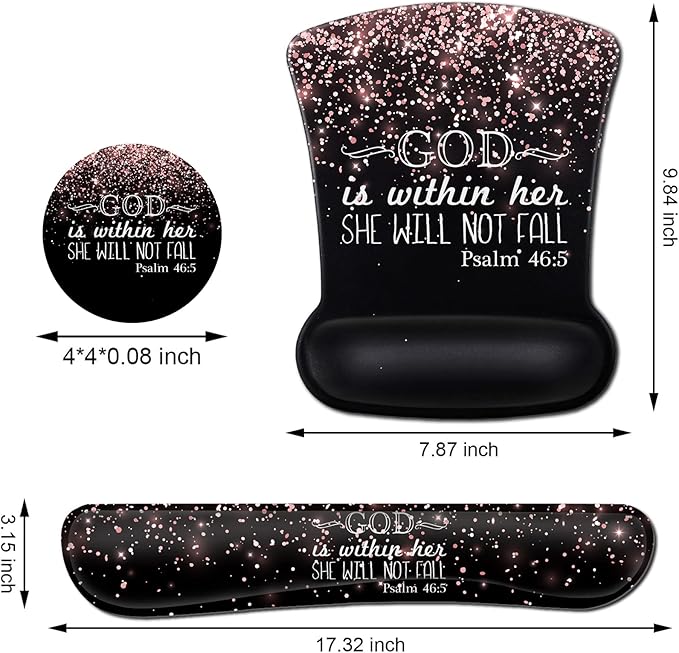Ergonomic Gel Mouse Pad with Wrist Support Memory Foam Keyboard Wrist RestNon-Slip PU Base for Home Office Working Studying Easy Typing &amp Pain Relief Rose Gold Glitter Black Mouse Pad Psalm 46-