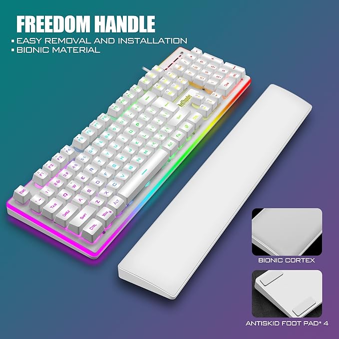 RedThunder K10 Wired Gaming Keyboard and Mouse and Wrist Rest Combo RGB Backlit Mechanical Feel Anti-ghosting Keyboard + 7D 7200 DPI Mice+Soft Leather Wrist Rest 3 in 1 PC Gamer Accessories(White)