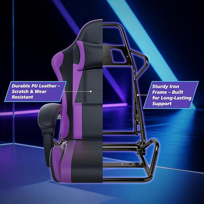Magshion Gaming Chair Ergonomic Computer Chair with Linkage Armrests Height Adjustable Video Game Chair with Footrest and Headrest for Silla Gamer and Adults 350 Lbs Capacity Purple