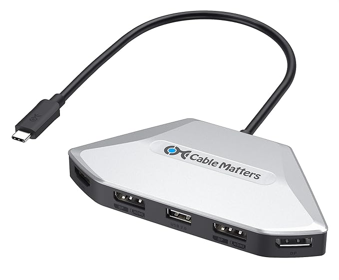 Cable Matters 4K Quad Display USB C MST Adapter with Dual-Function HDMI 2.1/DisplayPort 2.1 Ports Windows Only Up to [4X 4K@60Hz 140W Charging] USB C Hub for 4 Monitors Thunderbolt 4/5 Compatible
