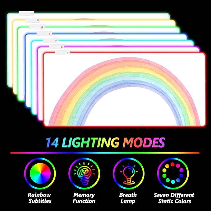 AIMSA RGB Gaming Mouse Pad Large Keyboard Mousepad Led Extended 35.4 x 15.8 inch Non-Slip Rubber Base with 14 Lighting Modes Big Desk Mat Waterproof White Rainbow